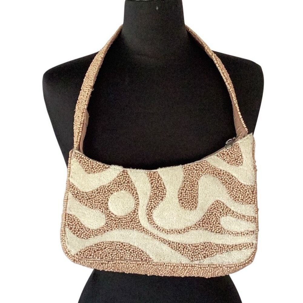 Viral Asymmetrical Beaded Handbag Purse Blush Ivory Zipper Top